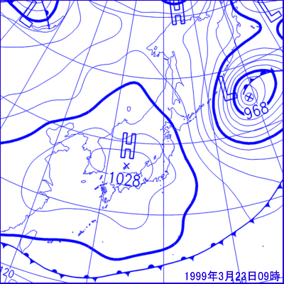 3月23日09時の地上天気図と500ha面高層天気図