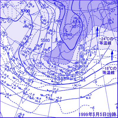 1999年5月5日09時の500hPa面高層天気図