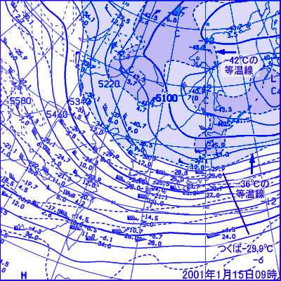 2001年01月15日09時の500hPa面高層天気図
