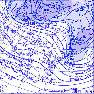 2001年03月13日09 時の500hPa面高層天気図