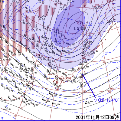 2001年11月12日09時の500hPa面高層天気図