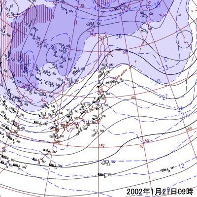 2002年01月21日09時の500hPa面高層天気図