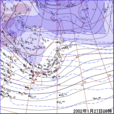 2002年01月27日09時の500hPa面高層天気図