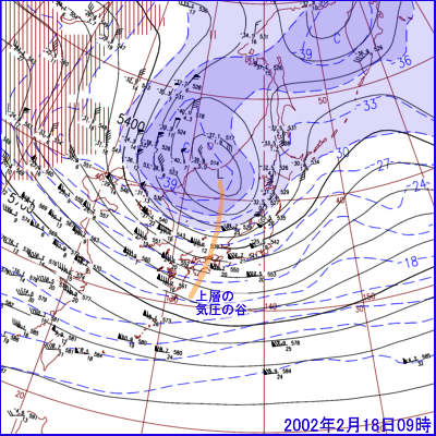 2002年02月18日09 時の500hPa高層天気図