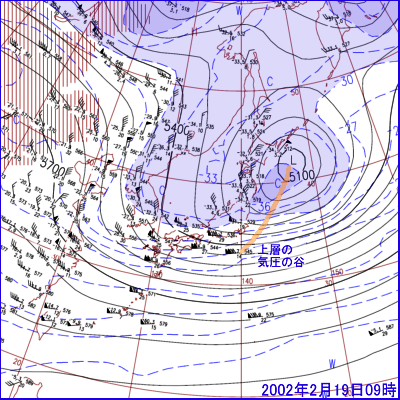 2002年02月19日09 時の500hPa高層天気図
