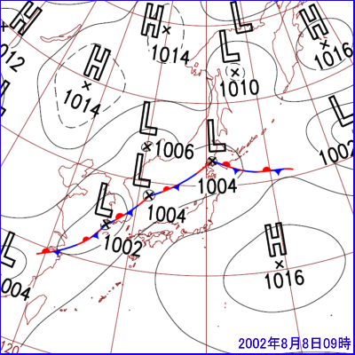 2002年08月08日09時の地上天気図