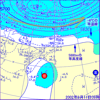 2002年9月11日09時の500hPa面高層天気図