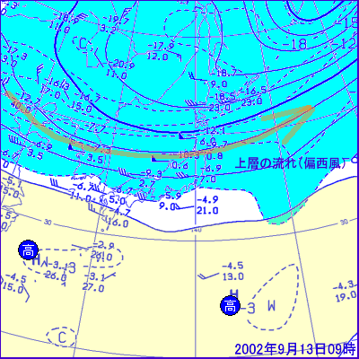 2002年9月13日09時の500hPa面高層天気図