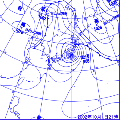 2002年10月01日21時の地上天気図