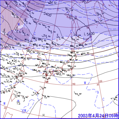 2003年4月24日09時の500hPa面高層天気図