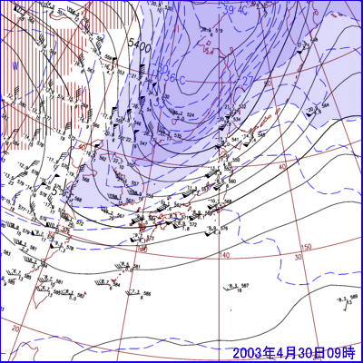 2003年4月30日09時の500hPa面高層天気図