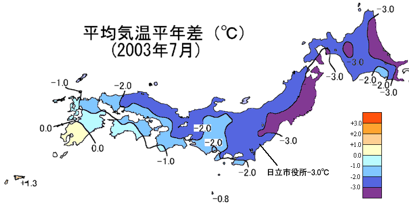 2003年7月の全国の気温の平年比分布（気象庁資料）