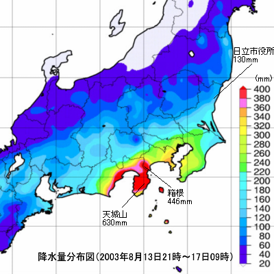 2003年8月13日〜17日の東京管区気象台管内の降水量分布