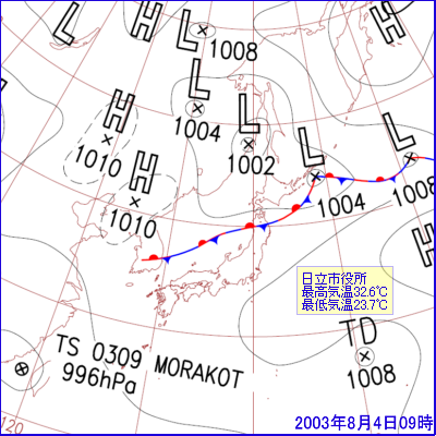2003年08月04日09時の地上天気図