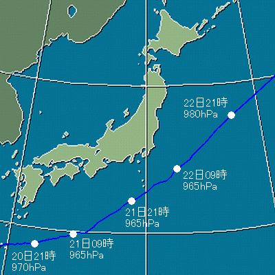 台風第15号の経路図（9月20日〜22日）