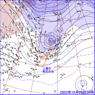 2003年10月29日09時の500hPa面高層天気図