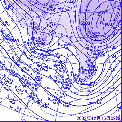 2003年12月16日09時の500hPa高層天気図