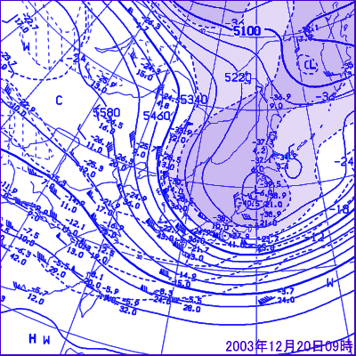 2003年12月20日09時の500hPa高層天気図