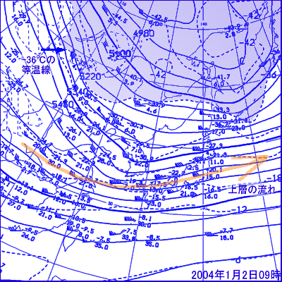 2004年01月02日09時の500ｈPa高層天気図