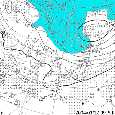 2004年03月12日09時の850hPa高層天気図