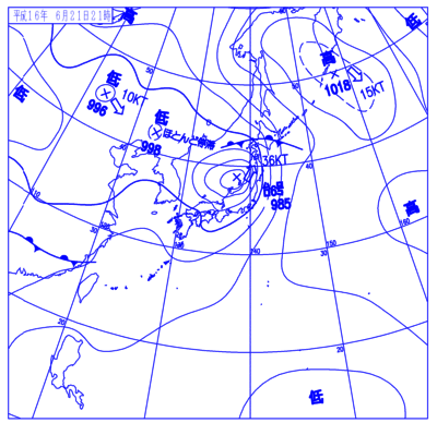 2004年06月21日21時の地上天気図