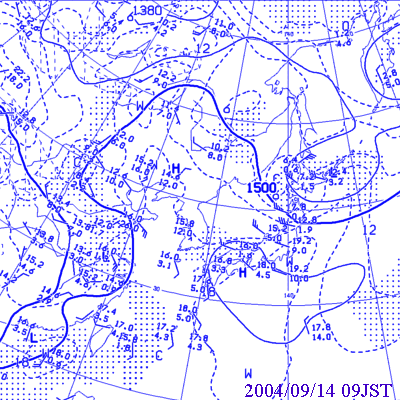 2004年09月14日09時の850hPa高層天気図