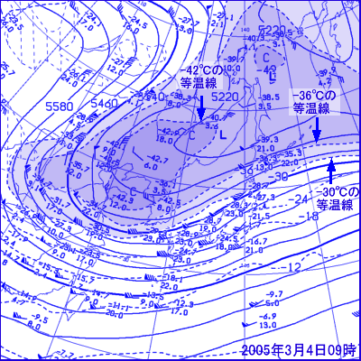 2005年03月04日09時の500hPa高層天気図