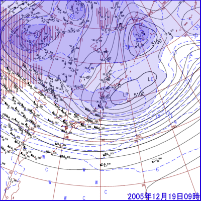 2005年12月19日09時の500hPa面高層天気図