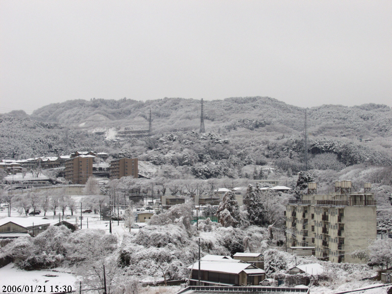 積雪の様子（2006年1月21日15時30分、日立市役所から西方向を見る）