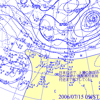 2006年7月15日09時の500hPa高層天気図（日本付近で気圧の谷が深まる）
