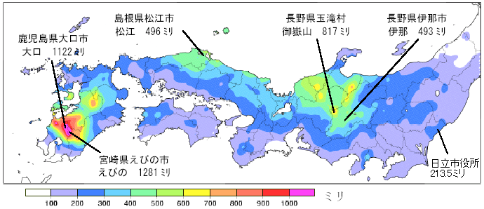 7月15日から24日にかけての降水量分布（気象庁の資料から作成）