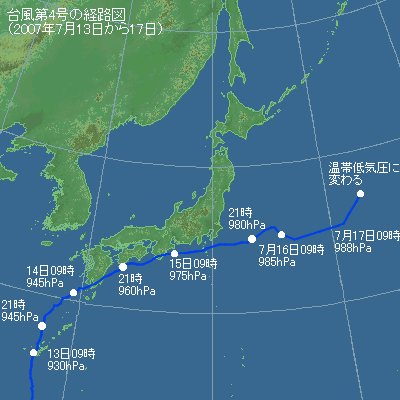 台風第4号の経路図（2007年7月）