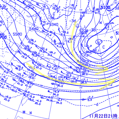 2007年11月22日21時の500hPa面高層天気図