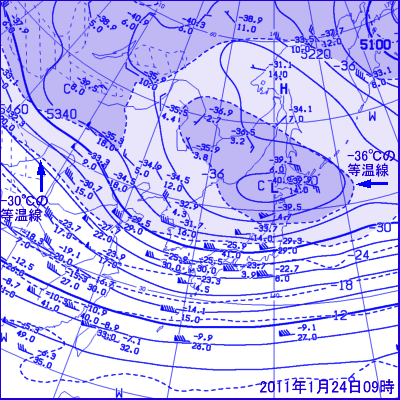 2011年1月24日09時の500hPa面高層天気図