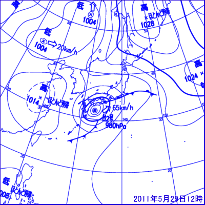 5月28日12時の地上天気図と09時の500hPa面高層天気図