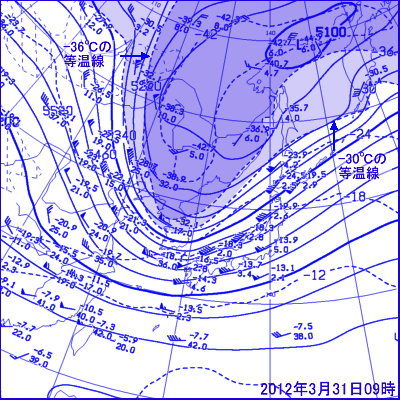 3月31日09時の500hPa面高層天気図