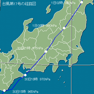 2012年台風第17号の経路図（拡大図）