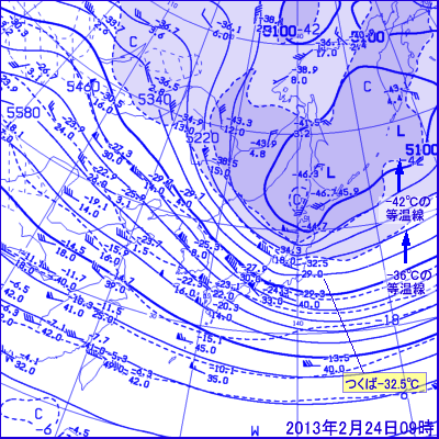 2013年2月24日09時の500hPa面高層天気図