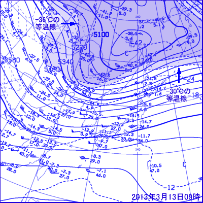 2013年3月13日09時の500hPa面高層天気図