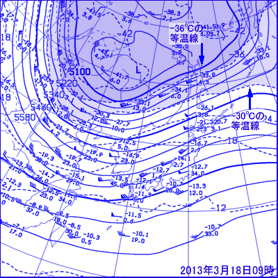 2013年3月18日09時の500hPa面高層天気図