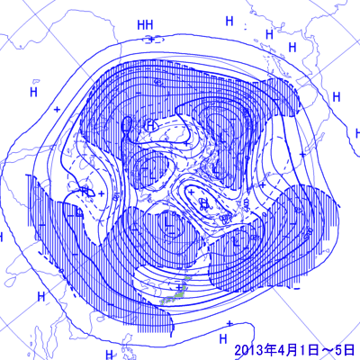 2013年4月1日から5日の北半球5日平均500hPa高度・偏差図