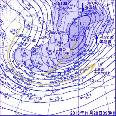 2013年11月28日09時の500hPa面高層天気図