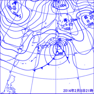 2014年2月8日21時の地上天気図