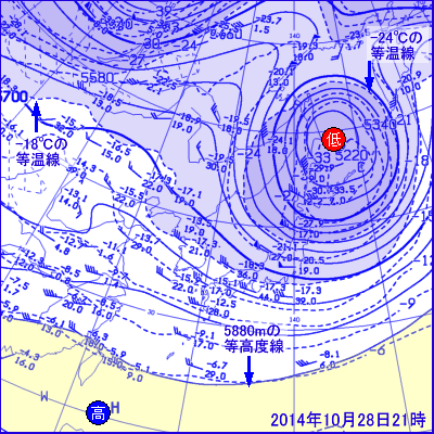 2014年10月28日21時の500hPa面高層天気図