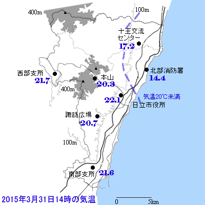 2015年3月31日14時の日立市内の気温分布