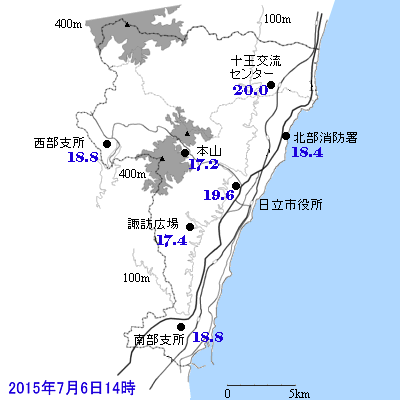 2015年7月6日14時の日立市内の気温の分布