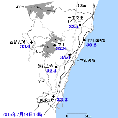 2015年7月14日13時の日立市内の気温の分布
