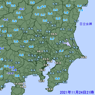 2021年11月24日21時のアメダスによる気温の分布